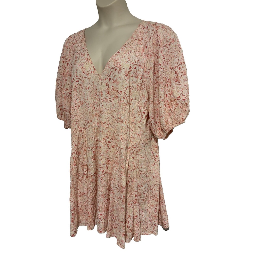 H&M Flowy Mini Dress Sz L Pink Balloon Sleeves Deep V Cotton Cottagecore Fairy